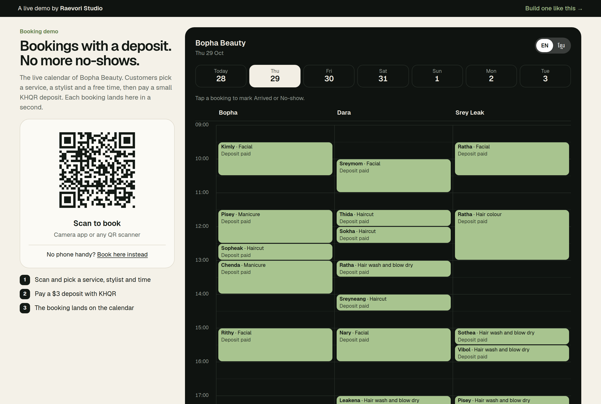 Booking calendar for Bopha Beauty on Thursday 29 October: columns for the stylists Bopha, Dara and Srey Leak from 9:00, filled with bookings like Sopheak, haircut, and Pisey, manicure, each marked Deposit paid, next to a QR code to book.