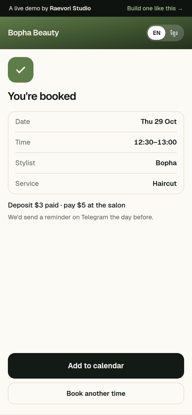 A booking confirmation on a phone: Thursday 29 October, 12:30 to 13:00, with Bopha for a haircut. Deposit $3 paid, pay $5 at the salon, with an Add to calendar button.