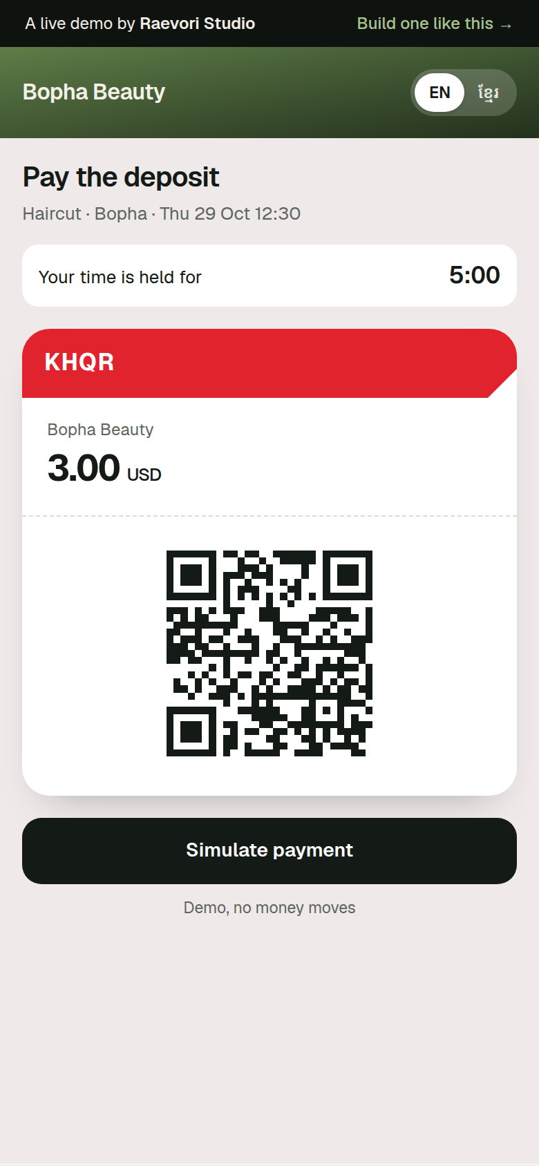 Paying the deposit on a phone: a haircut with Bopha on Thursday 29 October at 12:30, the time held for 5:00, and a KHQR code for 3.00 USD with a Simulate payment button.
