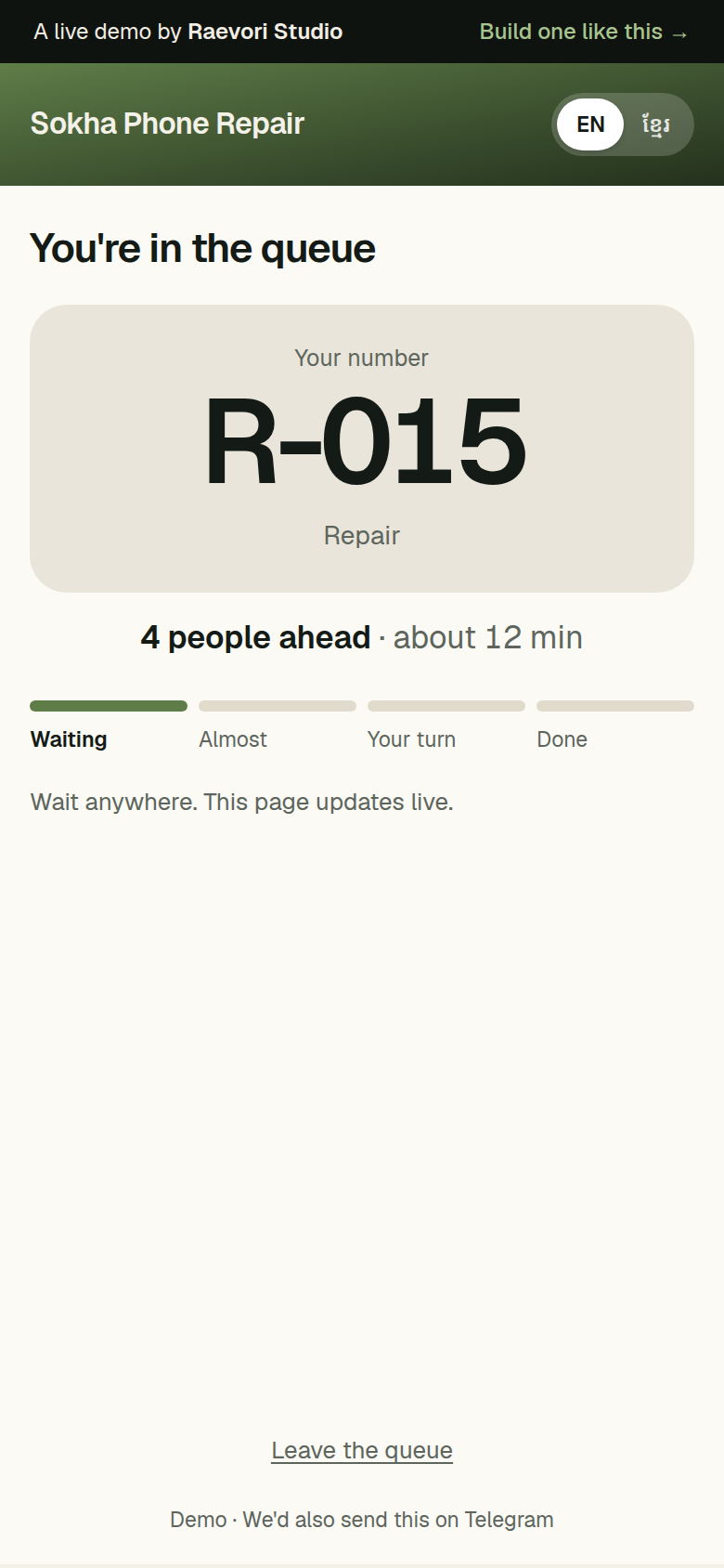 A Smart Queue ticket on a phone: number R-015 for repair, 4 people ahead, about 12 minutes, with a progress bar from waiting to done.
