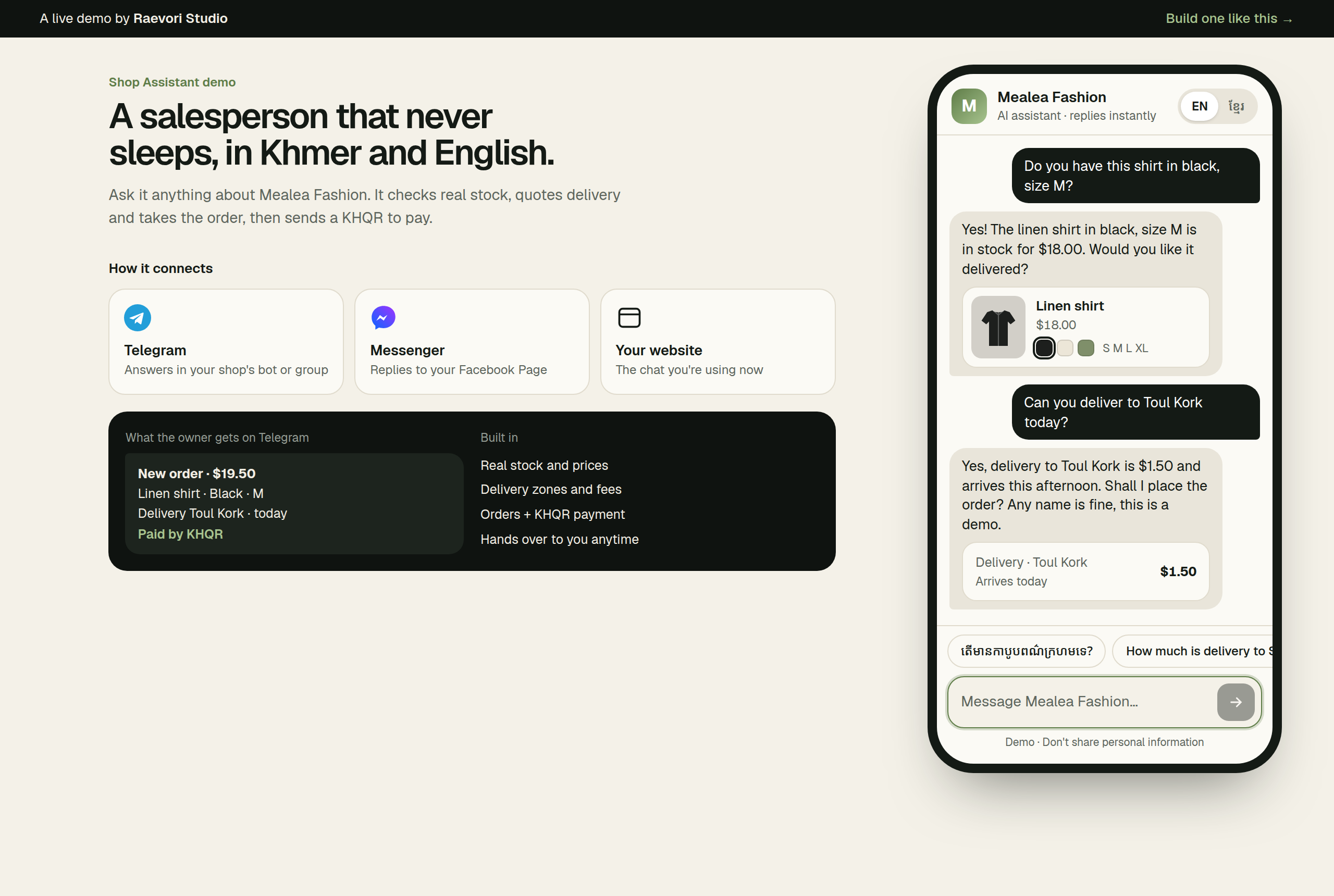 Shop Assistant demo for Mealea Fashion: a chat where a customer asks for a black linen shirt in size M and delivery to Toul Kork, next to the order summary the owner receives on Telegram.